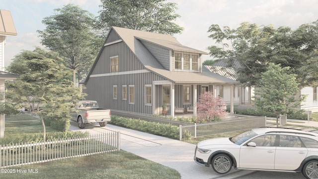 view of front of house featuring covered porch and a fenced front yard