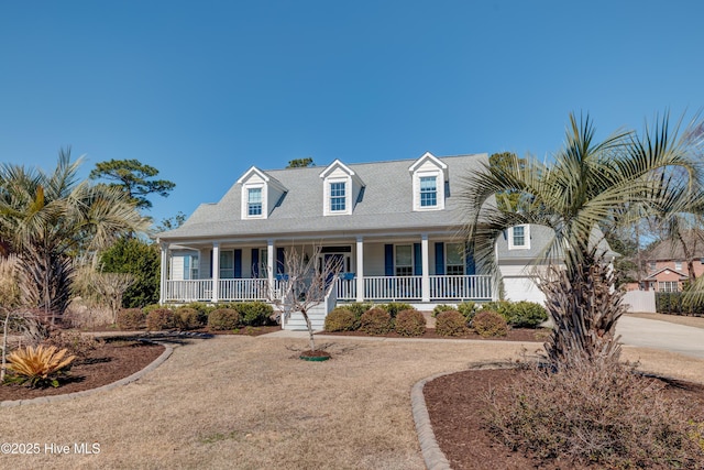 new england style home featuring covered porch and driveway