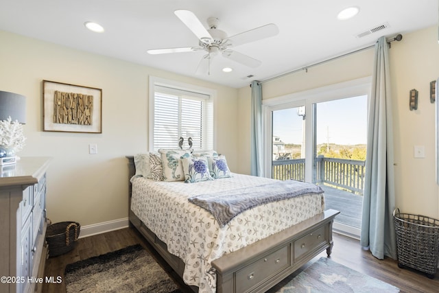 886 New River Inlet Rd Unit 41, North Topsail Beach, NC 28460 - bedroom featuring access to exterior, wood finished floors, recessed lighting, baseboards, and a ceiling fan