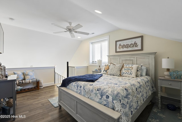 886 New River Inlet Rd Unit 41, North Topsail Beach, NC 28460 - bedroom with vaulted ceiling, dark wood-style floors, ceiling fan, and recessed lighting