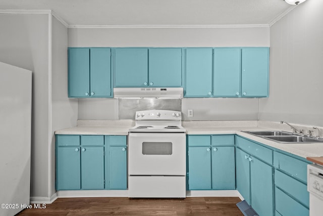 kitchen with blue cabinetry, ornamental molding, a sink, white appliances, and under cabinet range hood