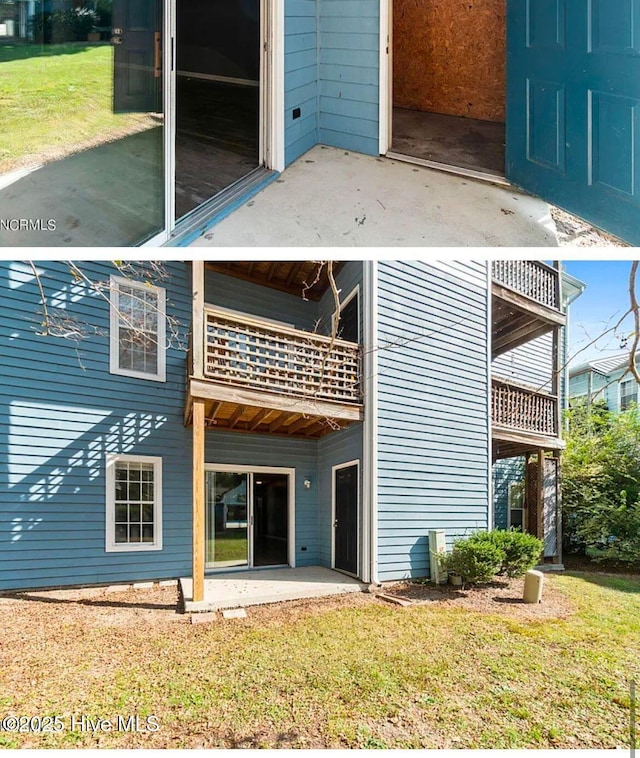 rear view of property featuring a patio area, a lawn, and a balcony