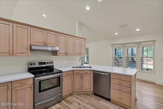 kitchen with appliances with stainless steel finishes, light brown cabinets, a sink, and under cabinet range hood