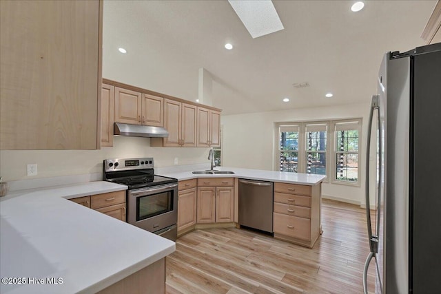 kitchen with under cabinet range hood, stainless steel appliances, a sink, and light brown cabinetry