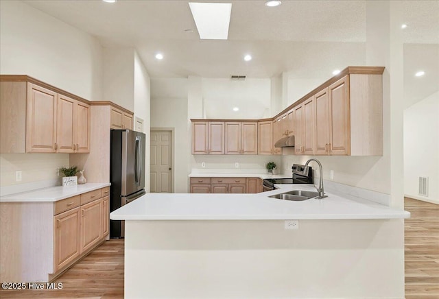 kitchen with stainless steel appliances, a peninsula, and light brown cabinetry