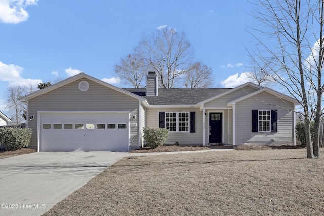 ranch-style home featuring a garage, concrete driveway, a chimney, and roof with shingles