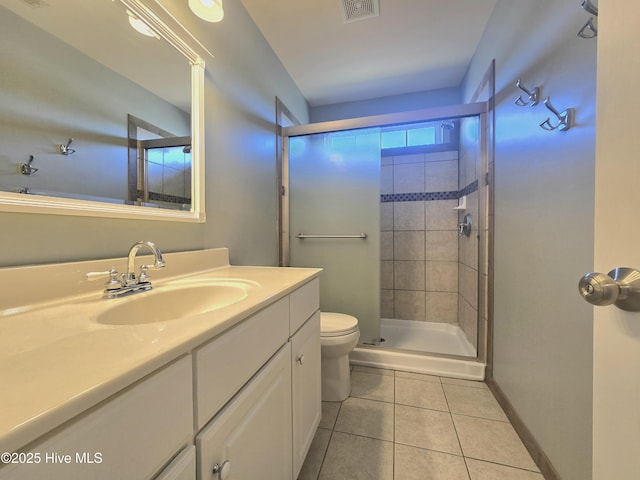 full bathroom featuring vanity, visible vents, a shower stall, tile patterned floors, and toilet