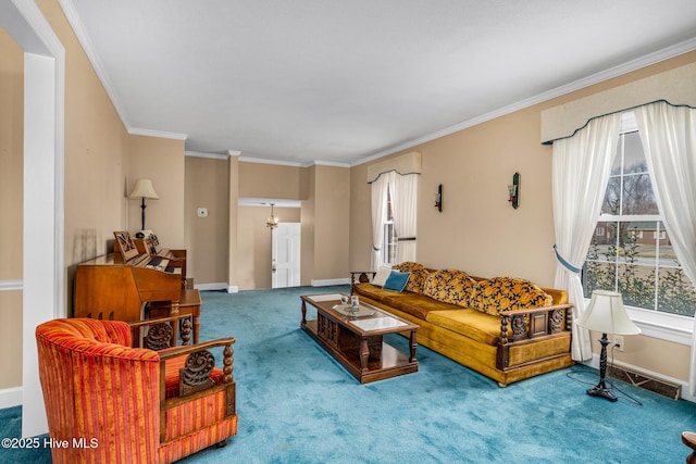 211 Brandon Ave, Tarboro, NC 27886 - carpeted living room with a notable chandelier, crown molding, and baseboards