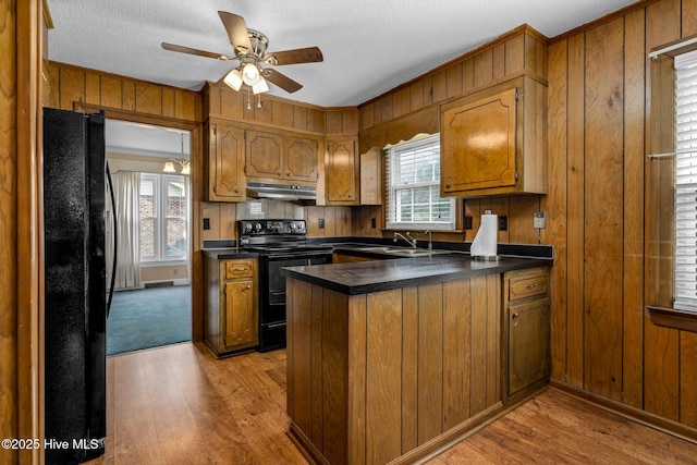 211 Brandon Ave, Tarboro, NC 27886 - kitchen with black appliances, brown cabinetry, a peninsula, and under cabinet range hood