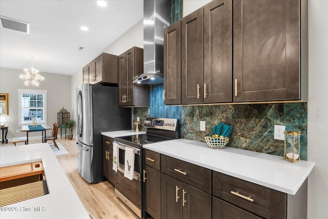 kitchen featuring light wood-style floors, light countertops, appliances with stainless steel finishes, wall chimney range hood, and backsplash