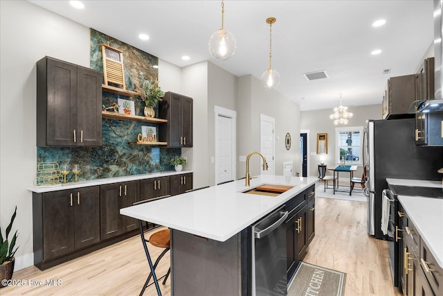 kitchen featuring a kitchen island with sink, light countertops, a sink, and stainless steel dishwasher