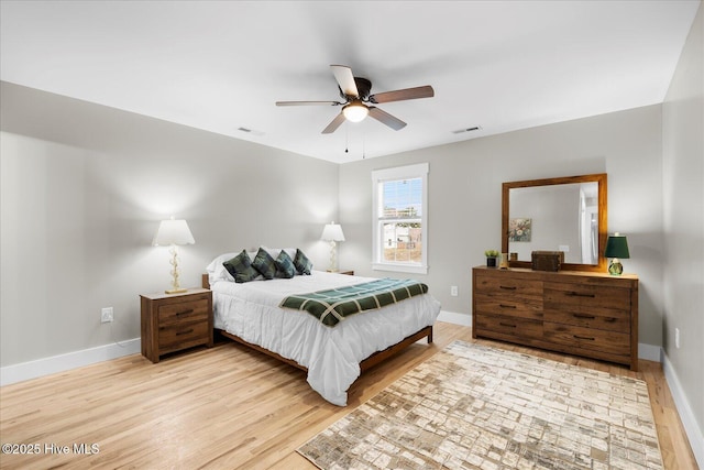 bedroom featuring light wood-type flooring, visible vents, and baseboards