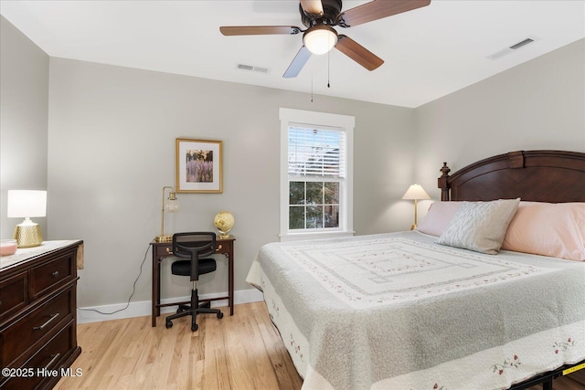 bedroom with light wood-style floors, visible vents, ceiling fan, and baseboards