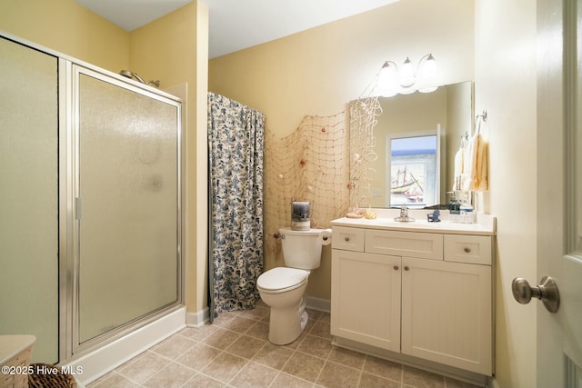 full bathroom with tile patterned floors, a stall shower, toilet, and vanity