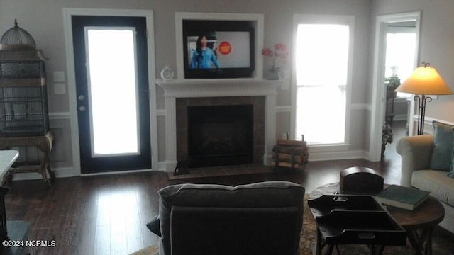 living room with a fireplace with flush hearth and wood finished floors