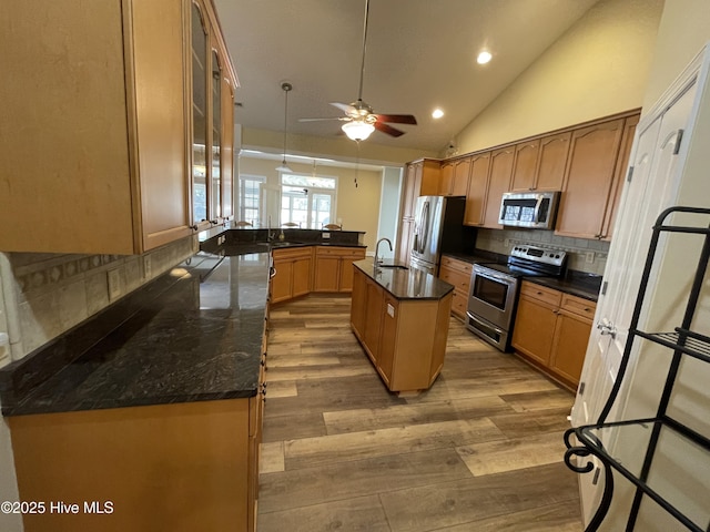 kitchen with tasteful backsplash, lofted ceiling, appliances with stainless steel finishes, light wood-style floors, and a peninsula