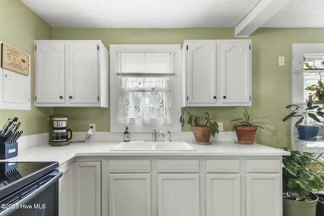 kitchen featuring a sink, a wealth of natural light, white cabinets, and light countertops