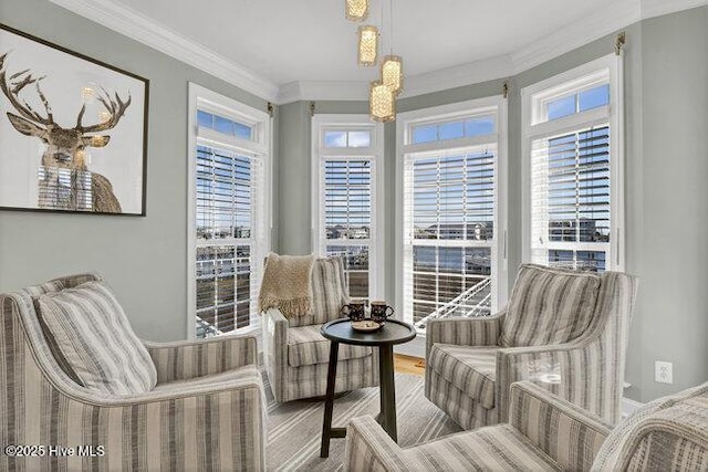 living area featuring ornamental molding, baseboards, and wood finished floors