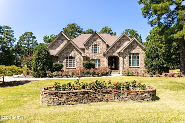 view of front of house with a front yard and brick siding