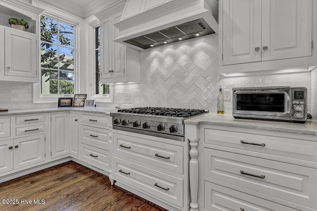 kitchen with a toaster, white cabinetry, custom exhaust hood, dark wood-style floors, and stainless steel gas stovetop