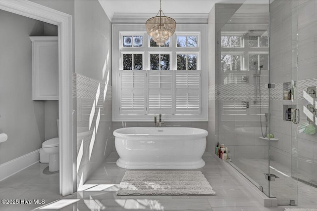 bathroom featuring baseboards, toilet, a freestanding bath, a shower stall, and a chandelier