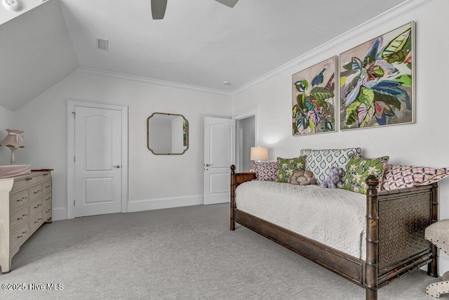 bedroom featuring light carpet, visible vents, baseboards, a ceiling fan, and ornamental molding