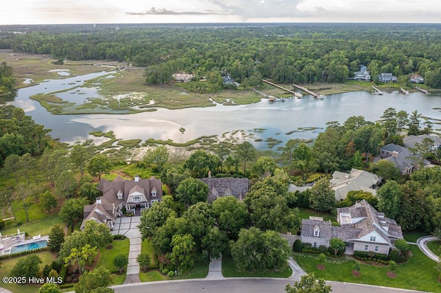 drone / aerial view with a forest view, a water view, and a residential view