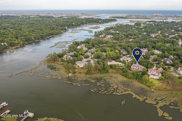 birds eye view of property with a water view and a wooded view