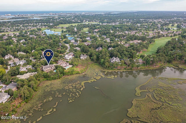 bird's eye view with a water view