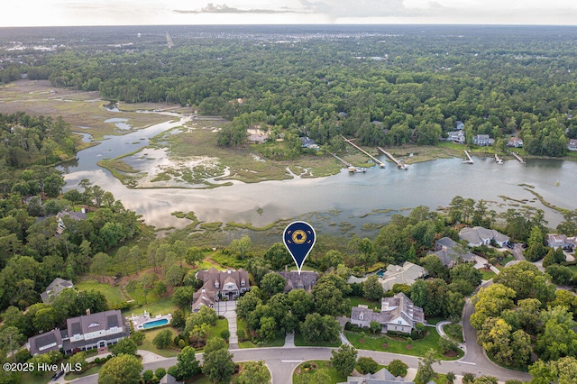 drone / aerial view featuring a water view and a view of trees