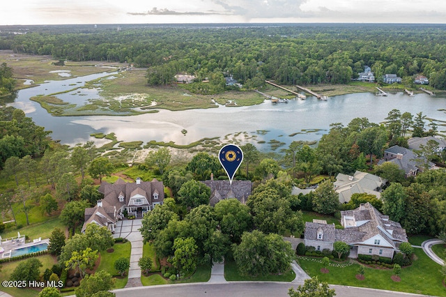 bird's eye view with a residential view, a water view, and a wooded view