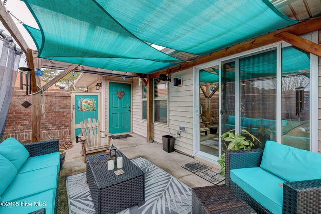 view of patio featuring a fenced backyard, an outdoor living space, a pergola, and grilling area