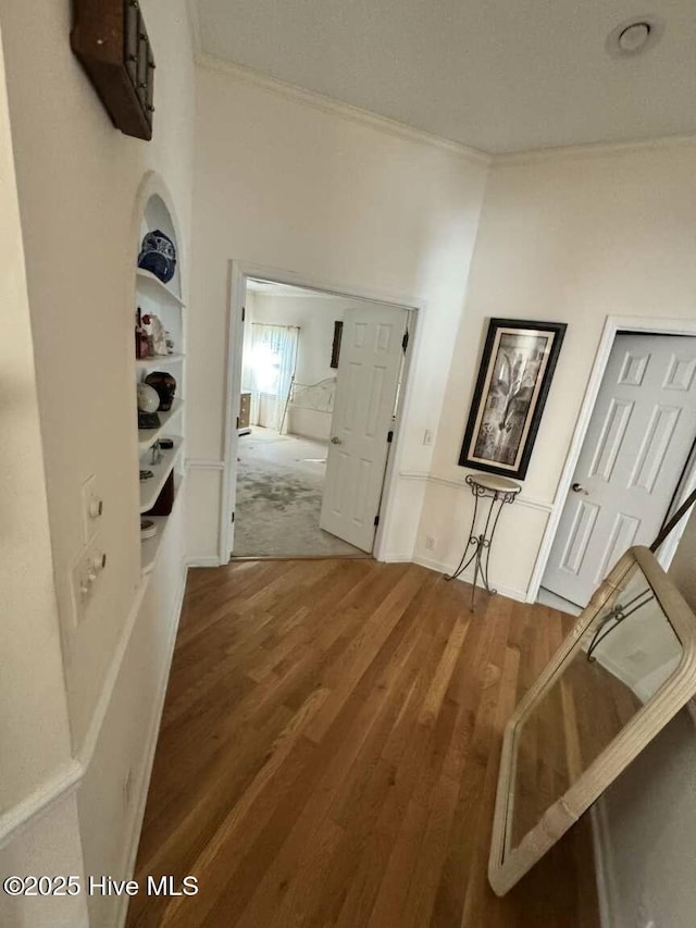 hallway featuring ornamental molding and wood finished floors