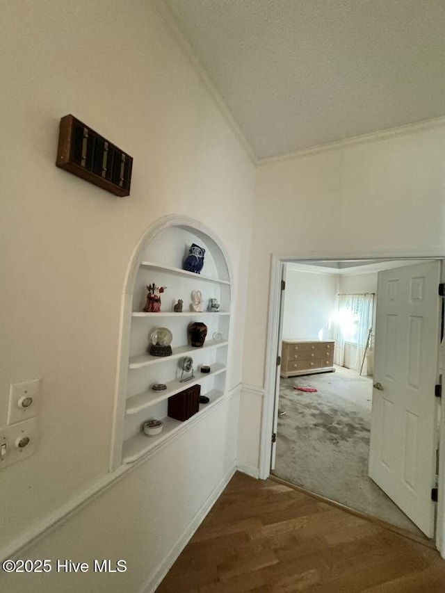 hall with lofted ceiling, a textured ceiling, wood finished floors, built in features, and ornamental molding