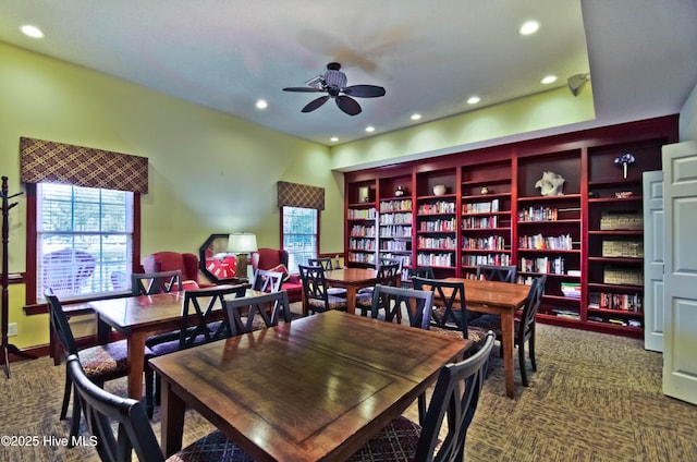 dining space with a ceiling fan, a wealth of natural light, carpet, and recessed lighting