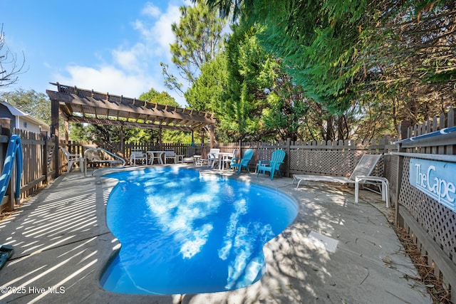 view of pool with a patio, a fenced backyard, a fenced in pool, and a pergola