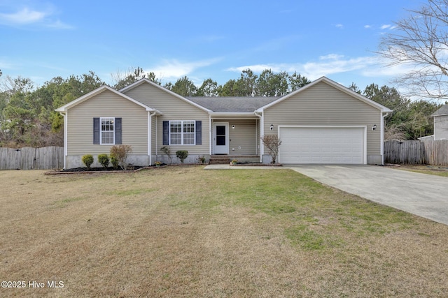 single story home featuring a garage, concrete driveway, a front yard, and fence