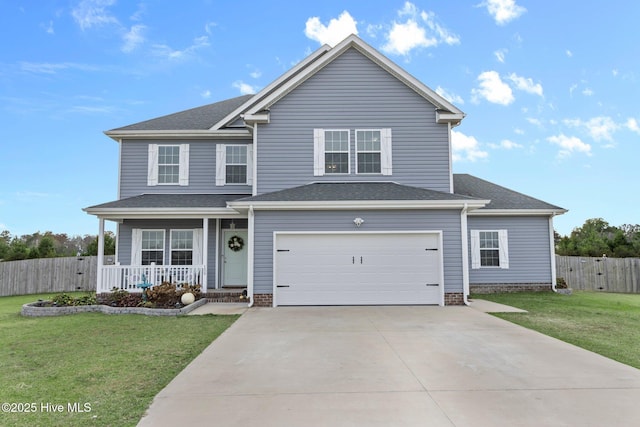 traditional-style home with driveway, an attached garage, covered porch, fence, and a front lawn