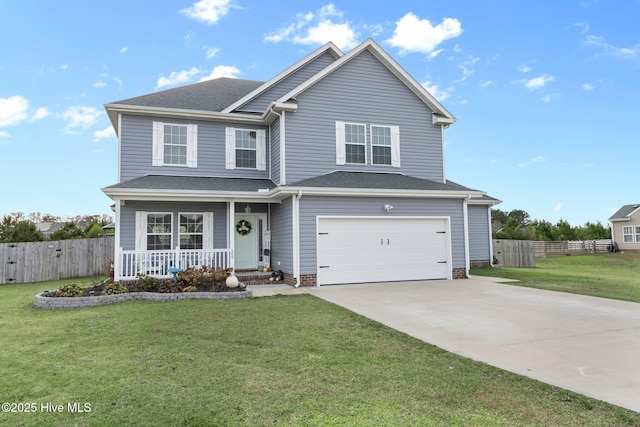 traditional home with a porch, an attached garage, fence, driveway, and a front yard