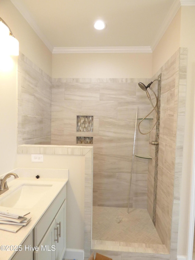 full bathroom featuring crown molding, vanity, and walk in shower