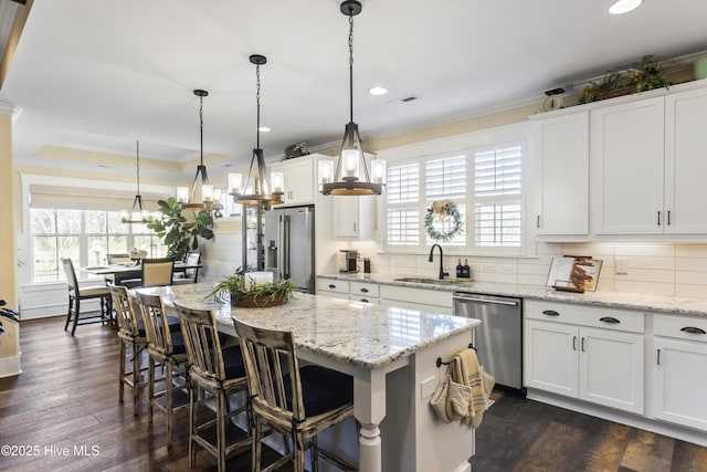 kitchen featuring a tray ceiling, stainless steel appliances, dark wood-type flooring, ornamental molding, and a sink