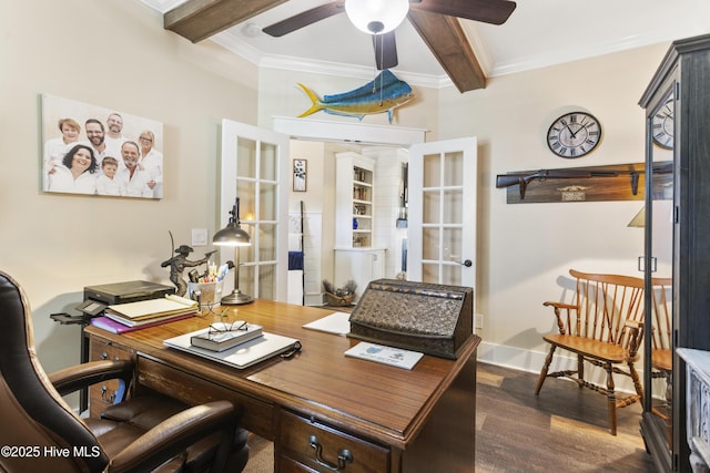 home office featuring crown molding, beam ceiling, and french doors