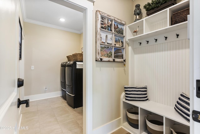 mudroom with baseboards, light tile patterned floors, recessed lighting, and crown molding