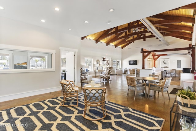 dining space with high vaulted ceiling, recessed lighting, wood ceiling, baseboards, and beam ceiling