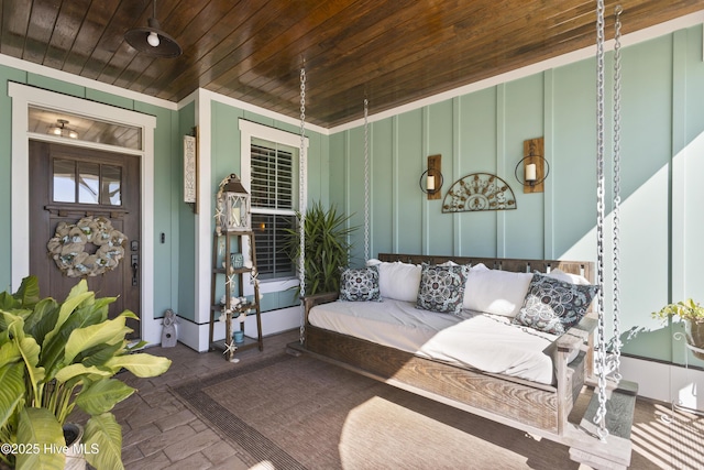 exterior space featuring covered porch and an outdoor living space