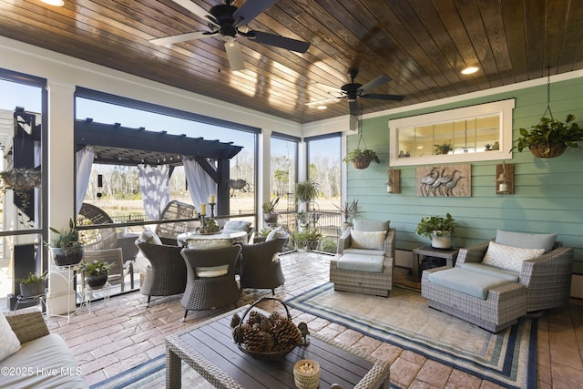 sunroom with wooden ceiling