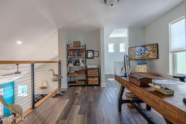 office area featuring plenty of natural light, baseboards, dark wood-style flooring, and recessed lighting