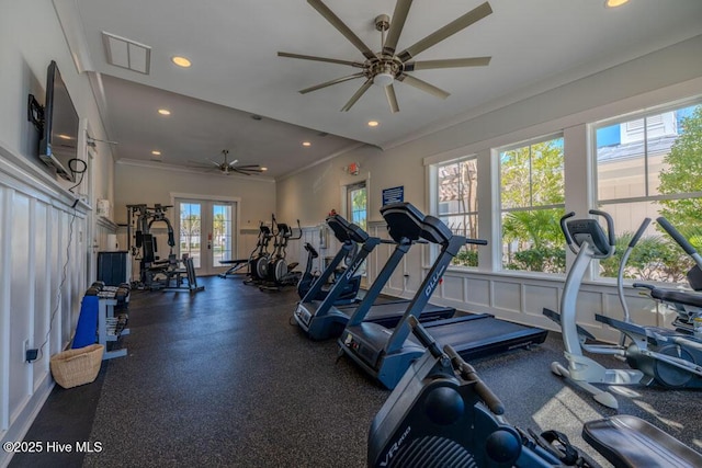 exercise room featuring ornamental molding, french doors, visible vents, and recessed lighting