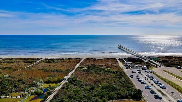 aerial view featuring a view of the beach and a water view