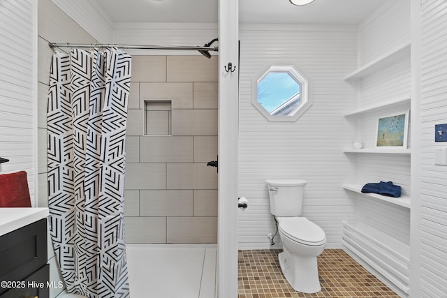 full bath with vanity, tile patterned flooring, a tile shower, and toilet